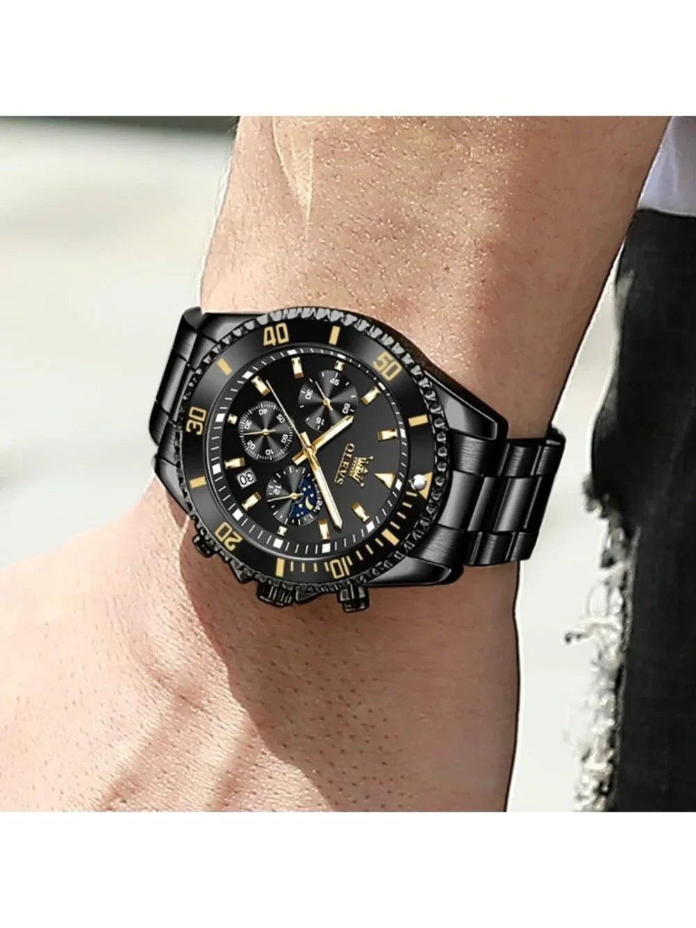 Men's All Black Premium Solid Stainless Analog Rotatable Bezel Round Steel Watch